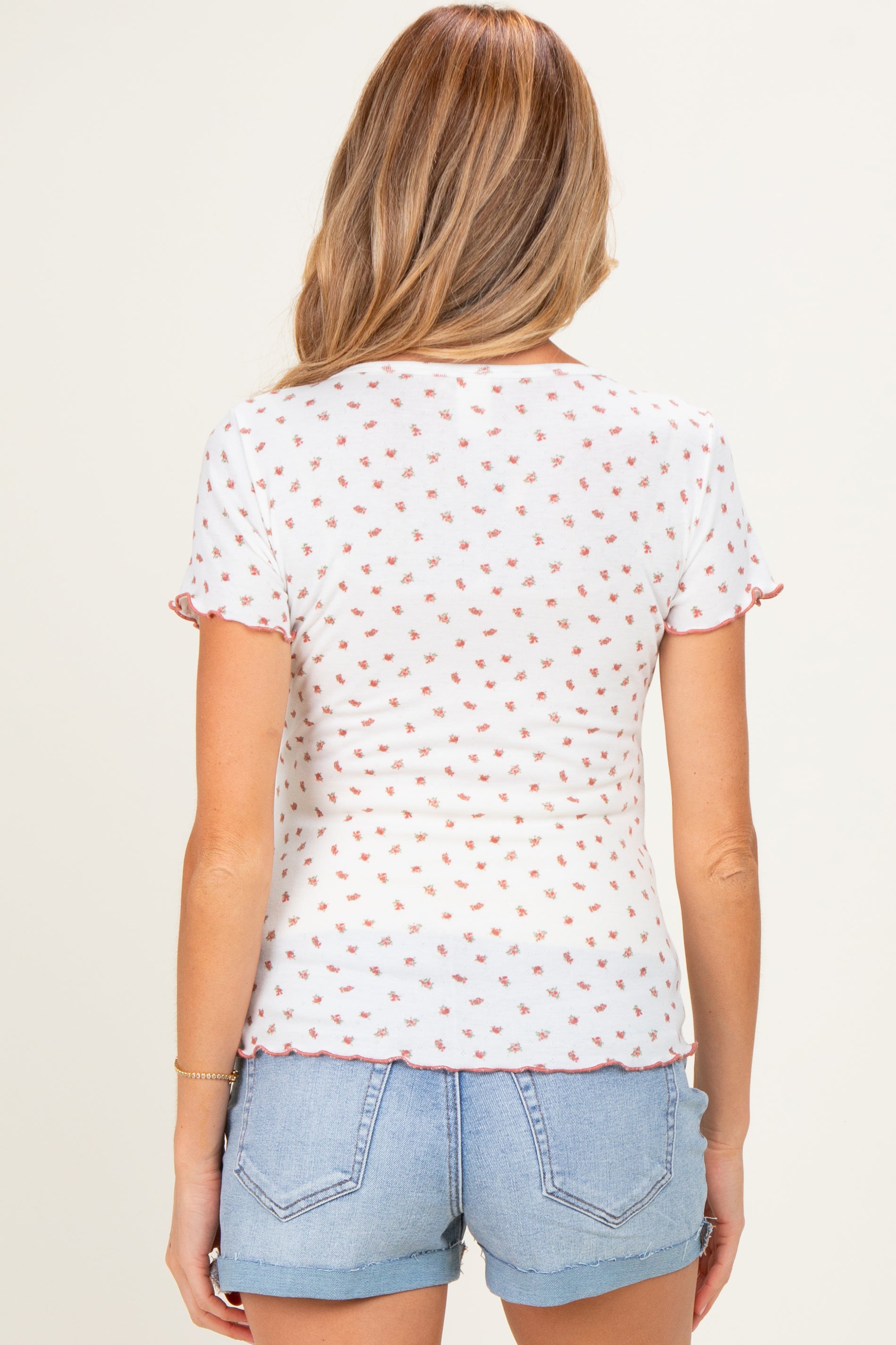 Ivory Red Ditsy Floral Lettuce Edge Maternity Henley Top