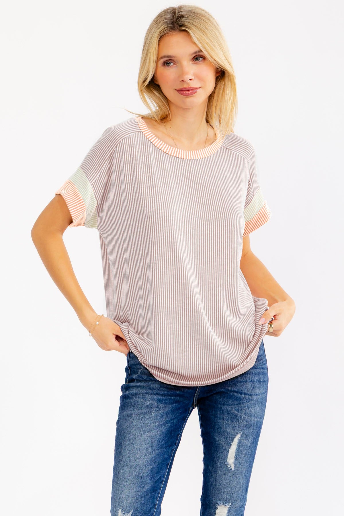 Mocha Rib Color Block Short Sleeve Maternity Top