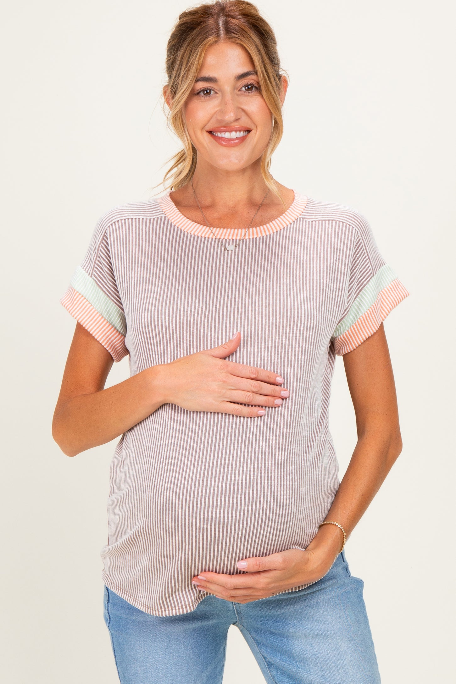 Mocha Rib Color Block Short Sleeve Maternity Top