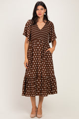 Brown White Polka Dot Smocked Bodice Flutter Sleeve Midi Dress