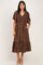 Brown White Polka Dot Smocked Bodice Flutter Sleeve Midi Dress