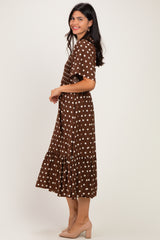Brown White Polka Dot Smocked Bodice Flutter Sleeve Midi Dress
