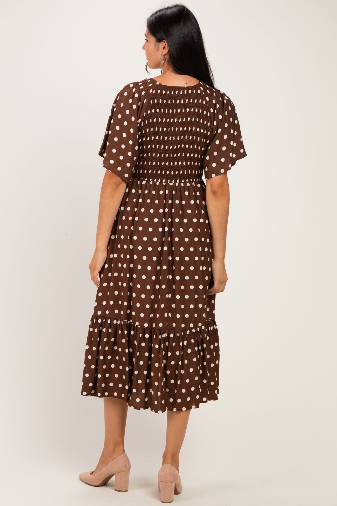 Brown White Polka Dot Smocked Bodice Flutter Sleeve Midi Dress