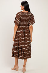 Brown White Polka Dot Smocked Bodice Flutter Sleeve Midi Dress