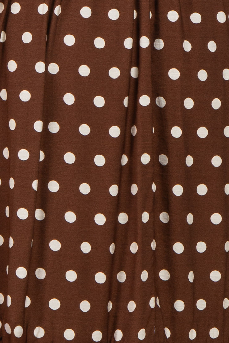Brown White Polka Dot Smocked Bodice Flutter Sleeve Midi Dress