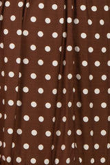 Brown White Polka Dot Smocked Bodice Flutter Sleeve Midi Dress