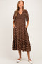 Brown White Polka Dot Smocked Bodice Flutter Sleeve Maternity Midi Dress