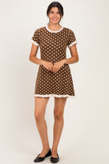 Brown Ivory Polka Dot Ruffled Sweater Knit Dress