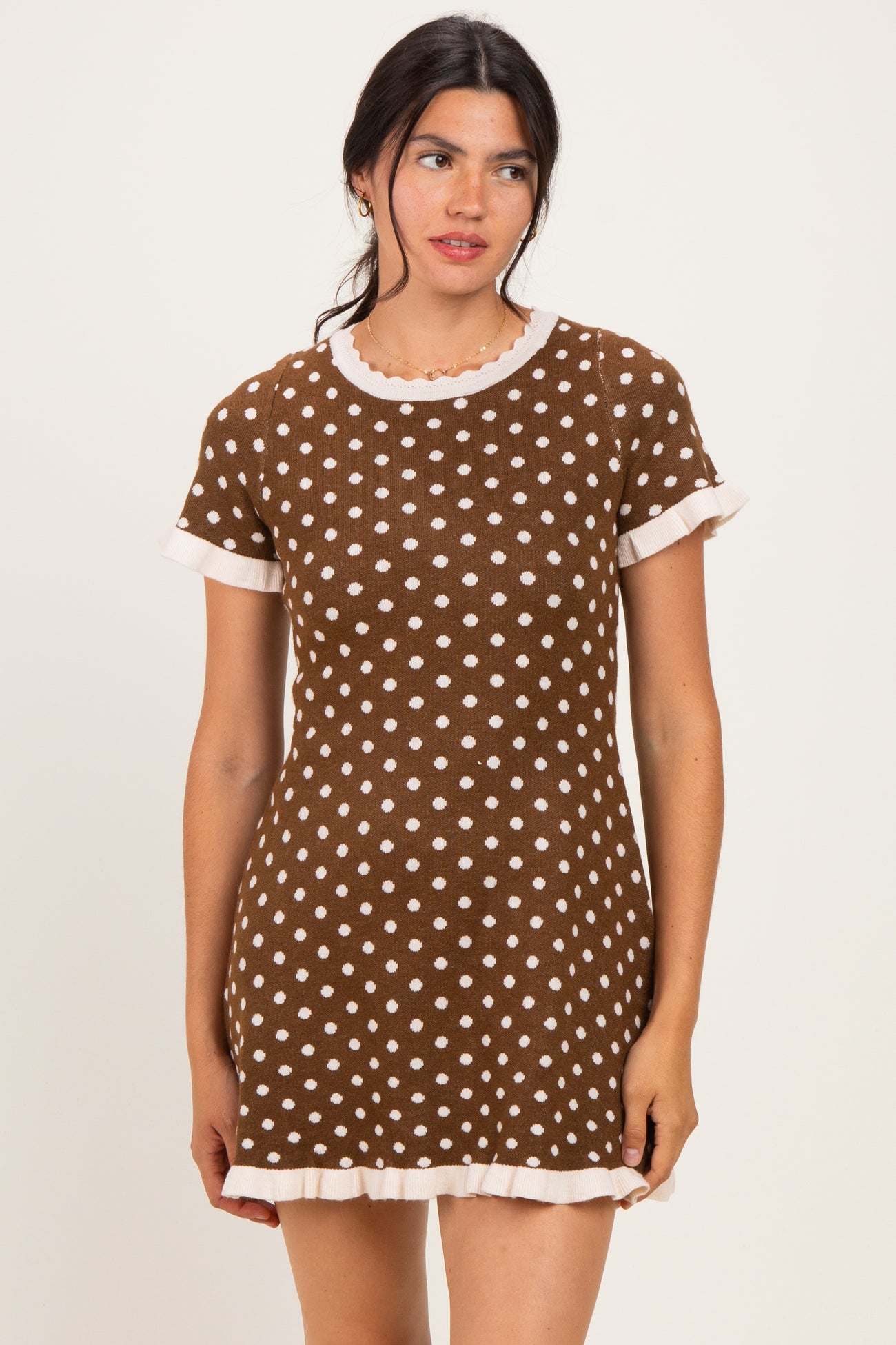 Brown Ivory Polka Dot Ruffled Sweater Knit Dress