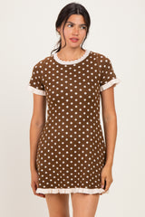 Brown Ivory Polka Dot Ruffled Sweater Knit Dress