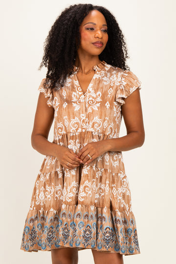 Mocha V Neck Flutter Sleeve Border Print Mini Tiered Dress