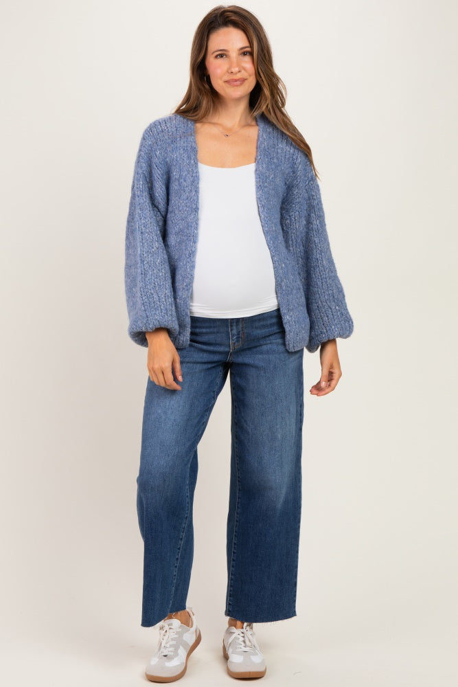 Blue Chunky Knit Bubble Sleeve Maternity Cardigan