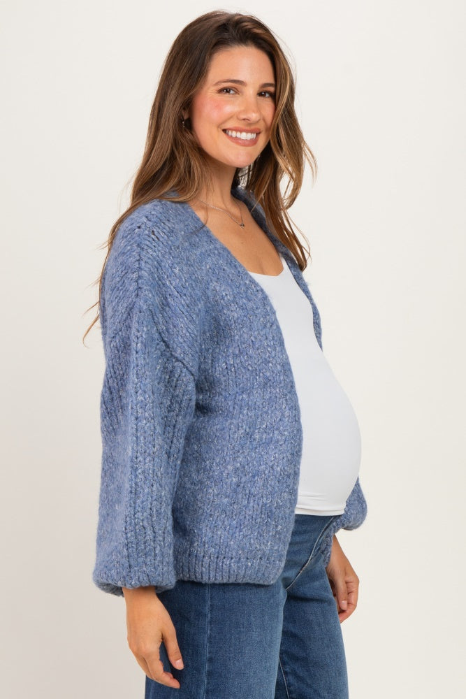 Blue Chunky Knit Bubble Sleeve Maternity Cardigan