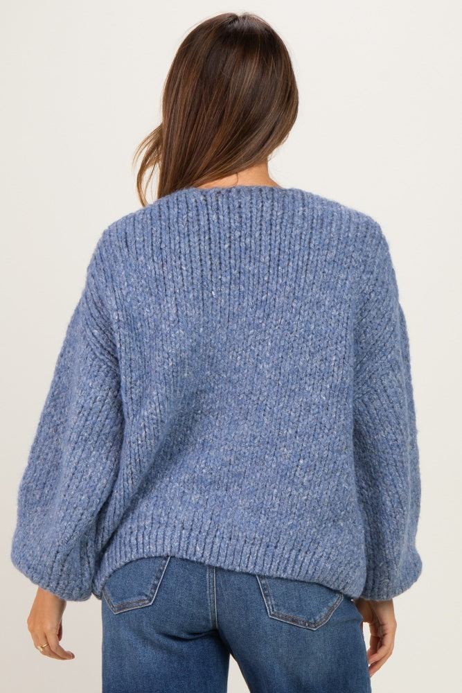 Blue Chunky Knit Bubble Sleeve Maternity Cardigan
