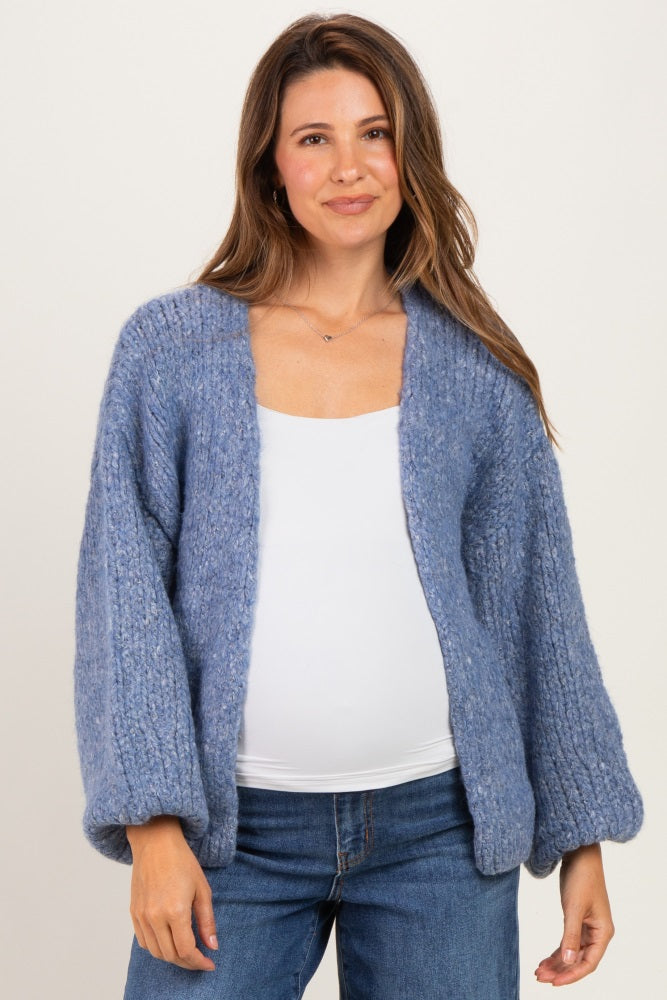 Blue Chunky Knit Bubble Sleeve Maternity Cardigan