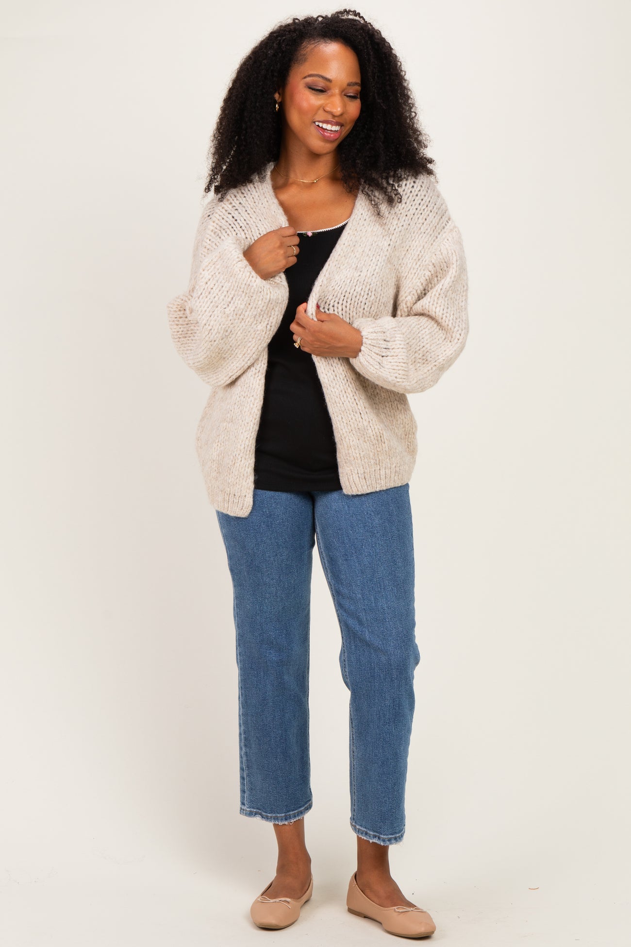Oatmeal Chunky Knit Bubble Sleeve Cardigan