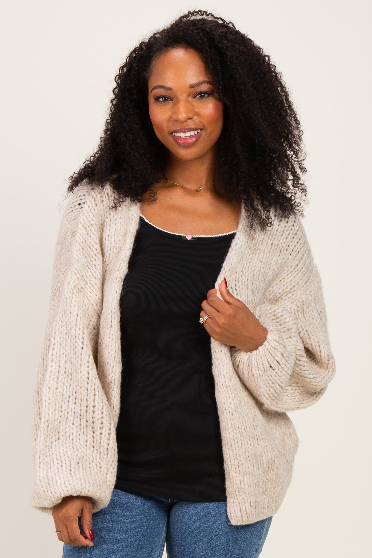 Oatmeal Chunky Knit Bubble Sleeve Cardigan