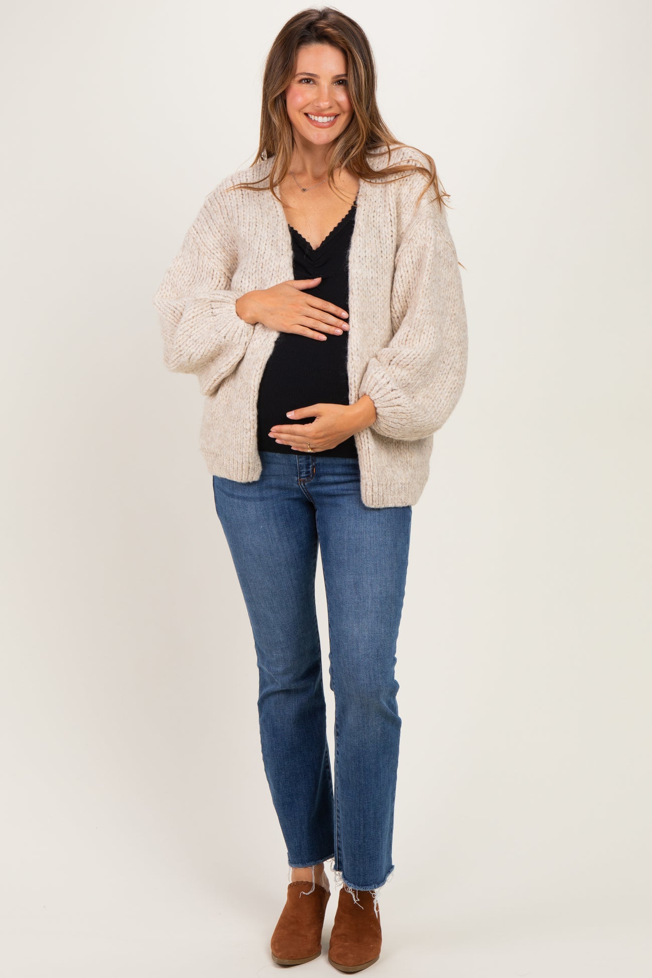 Oatmeal Chunky Knit Bubble Sleeve Maternity Cardigan