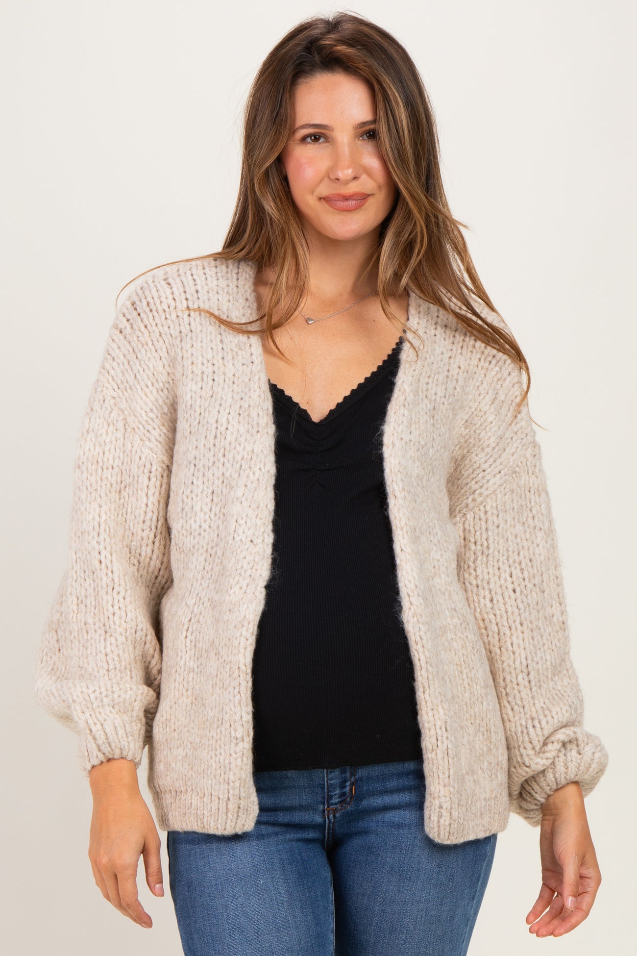 Oatmeal Chunky Knit Bubble Sleeve Maternity Cardigan