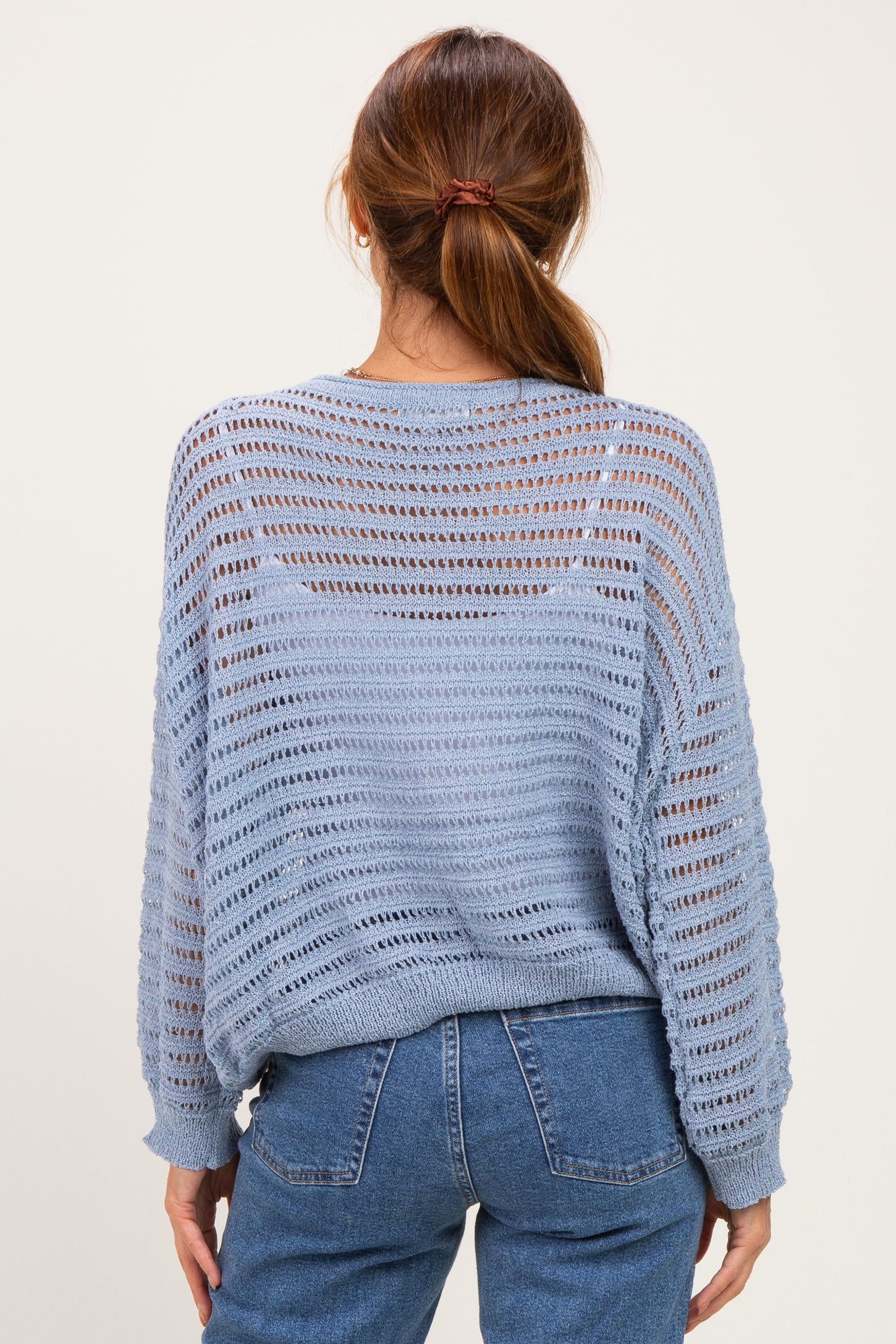 Dusk Blue Open Knit Striped Sweater Top