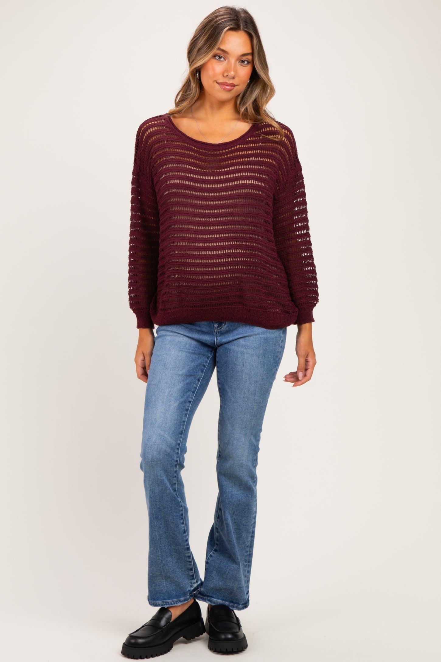 Burgundy Open Knit Striped Maternity Sweater Top