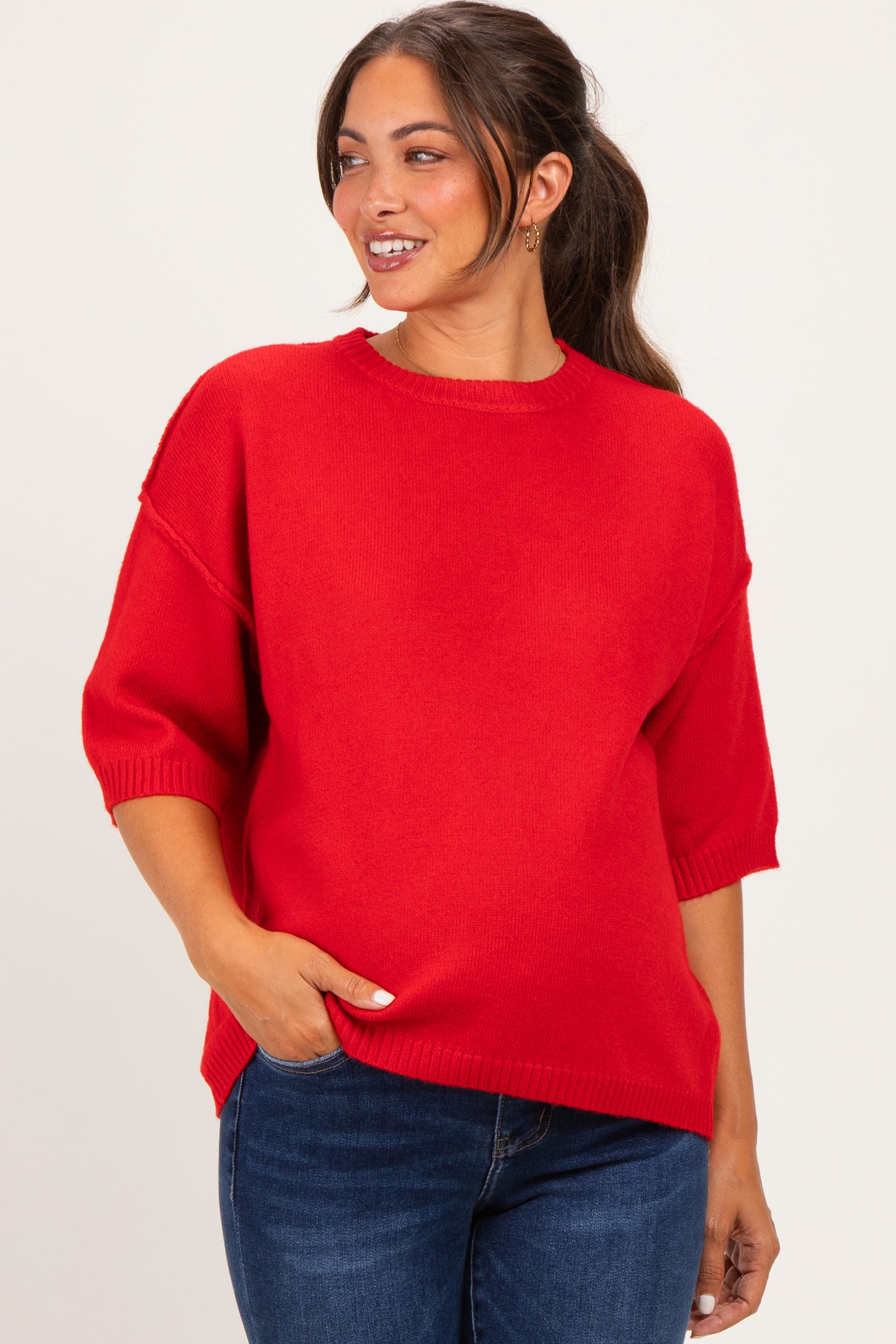 Red Basic Maternity Short Sleeve Sweater Top