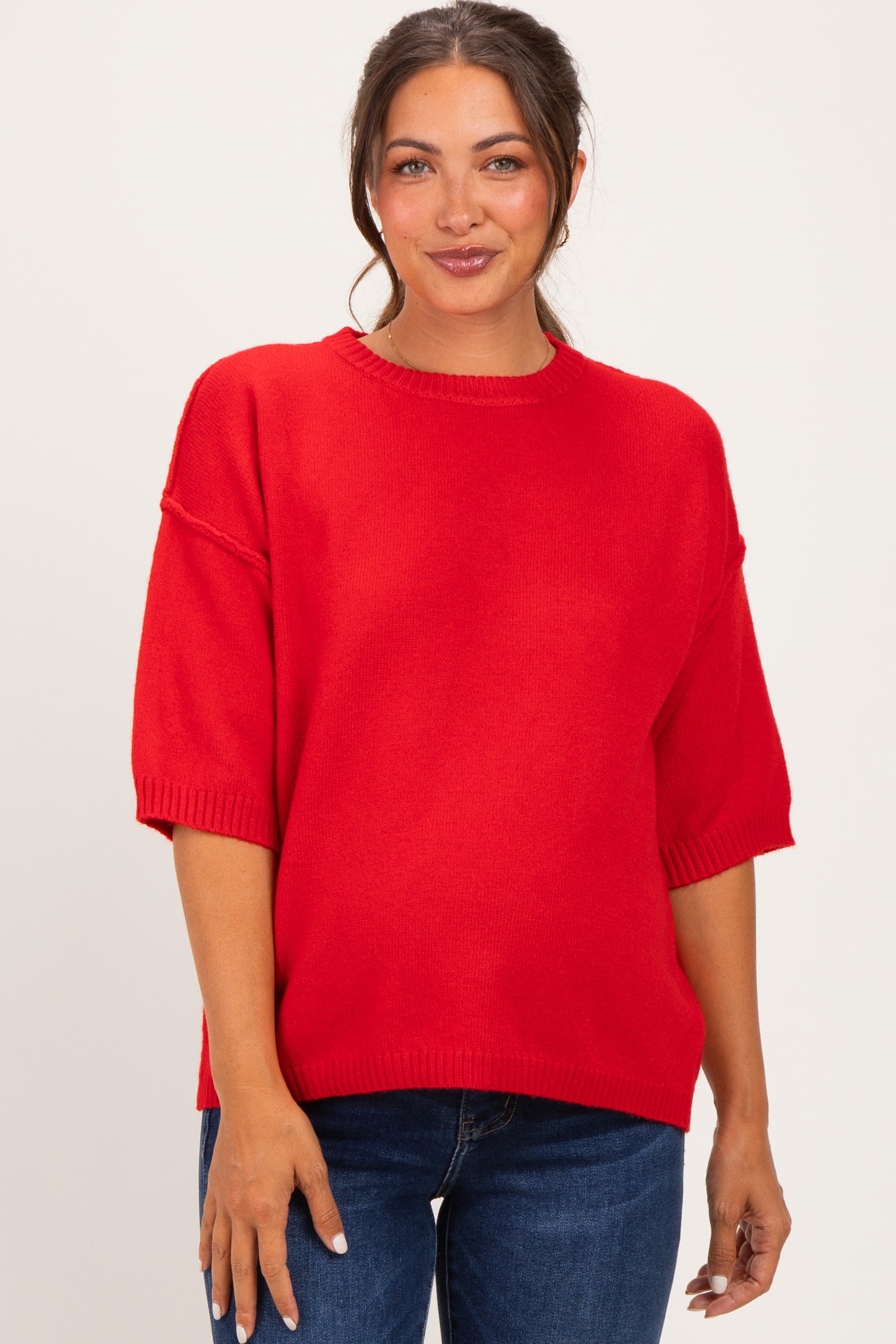 Red Basic Maternity Short Sleeve Sweater Top