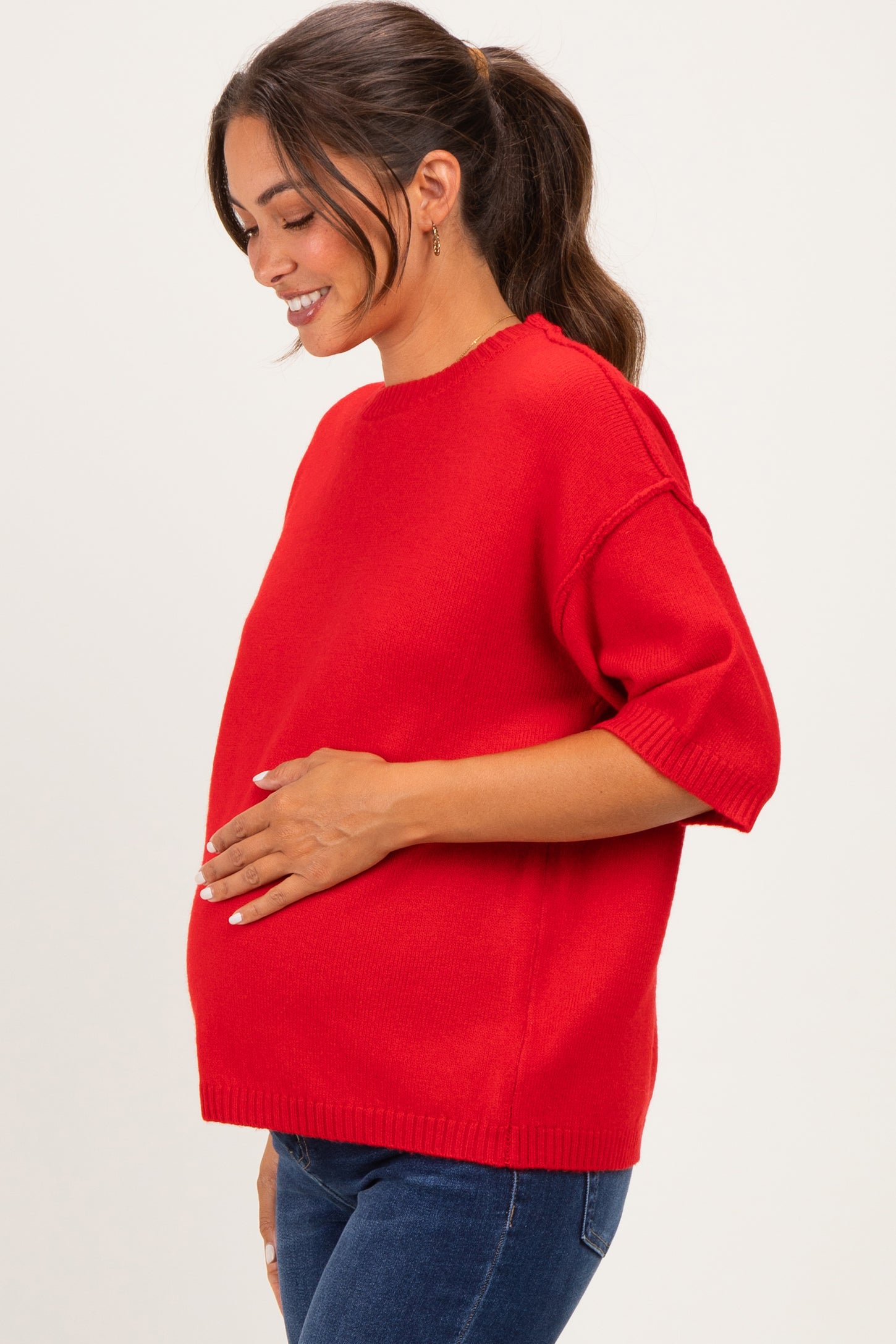 Red Basic Maternity Short Sleeve Sweater Top