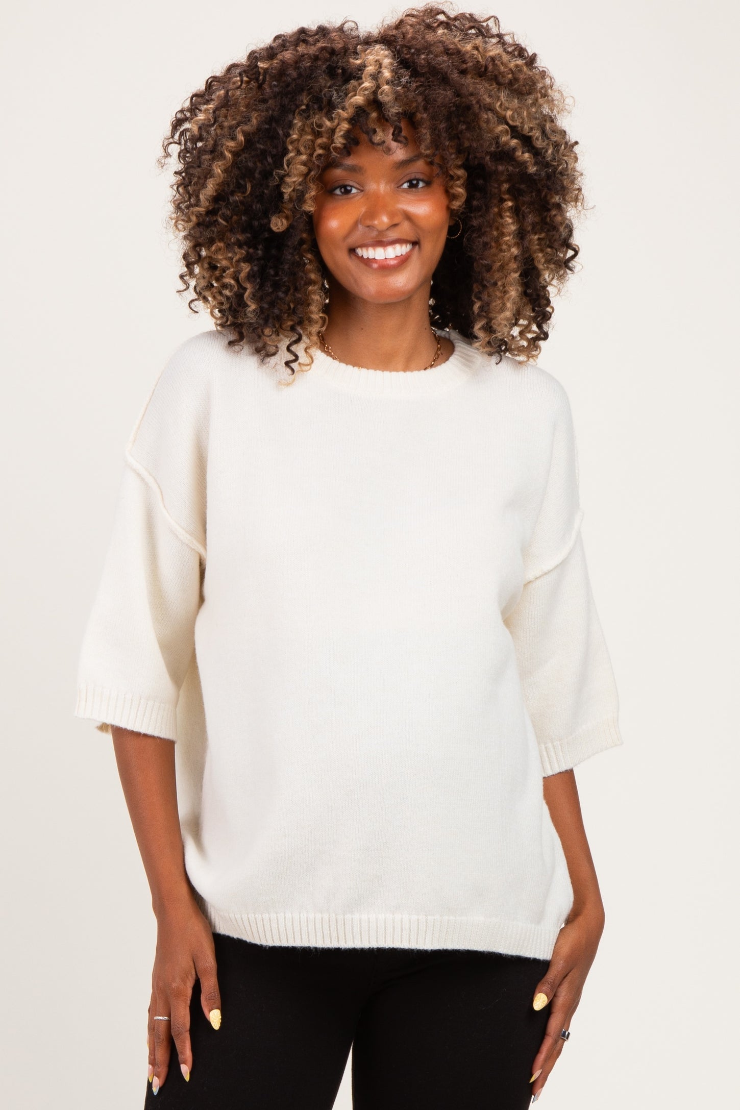 Ivory Basic Maternity Short Sleeve Sweater Top