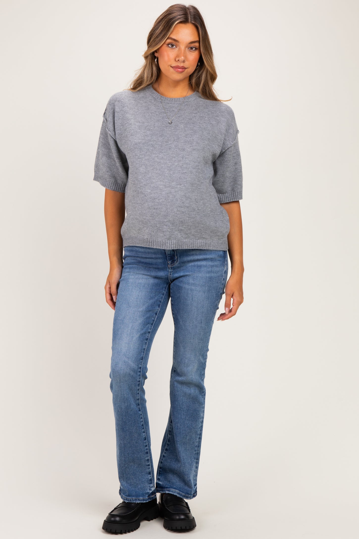 Heather Grey Basic Maternity Short Sleeve Sweater Top