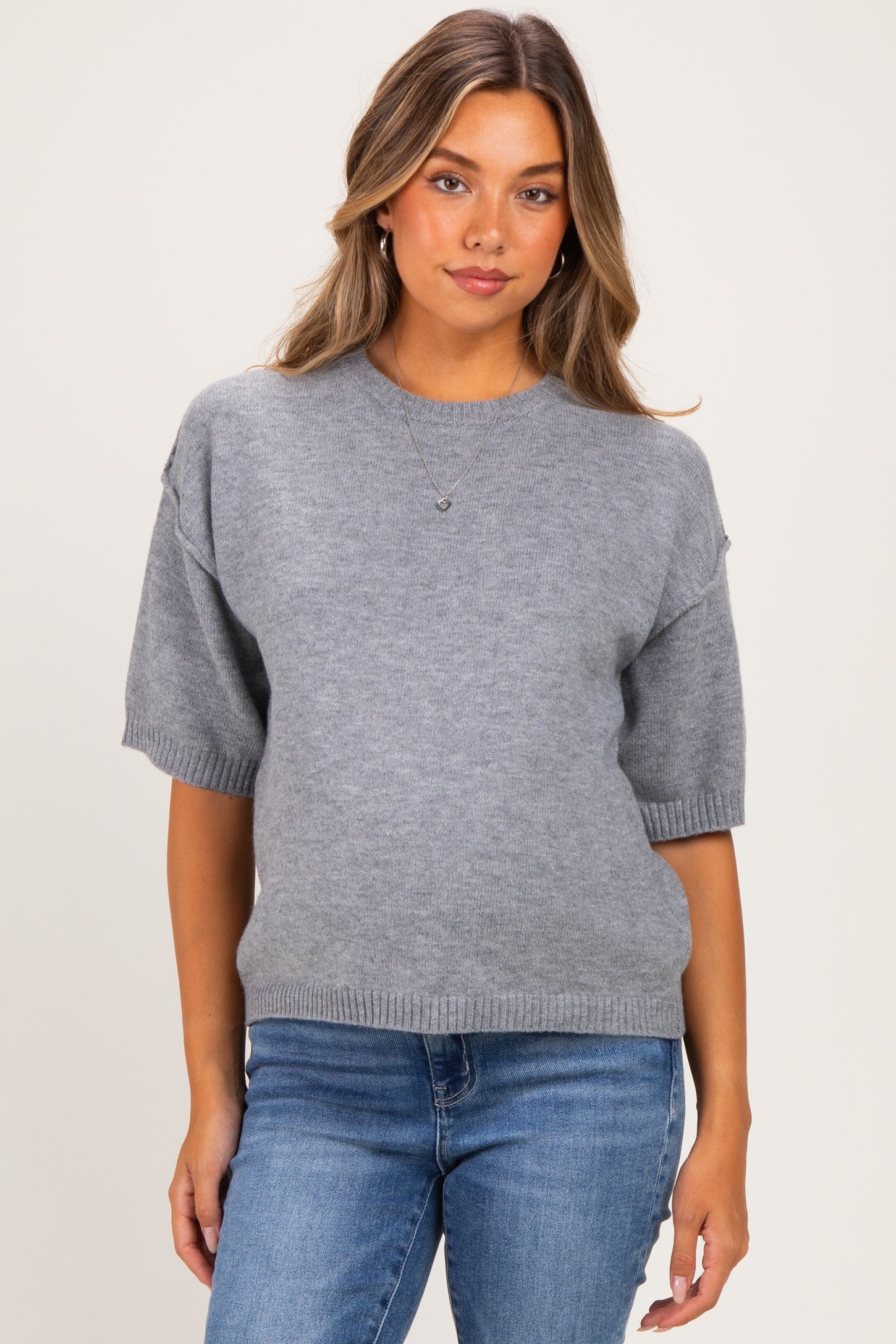 Heather Grey Basic Maternity Short Sleeve Sweater Top