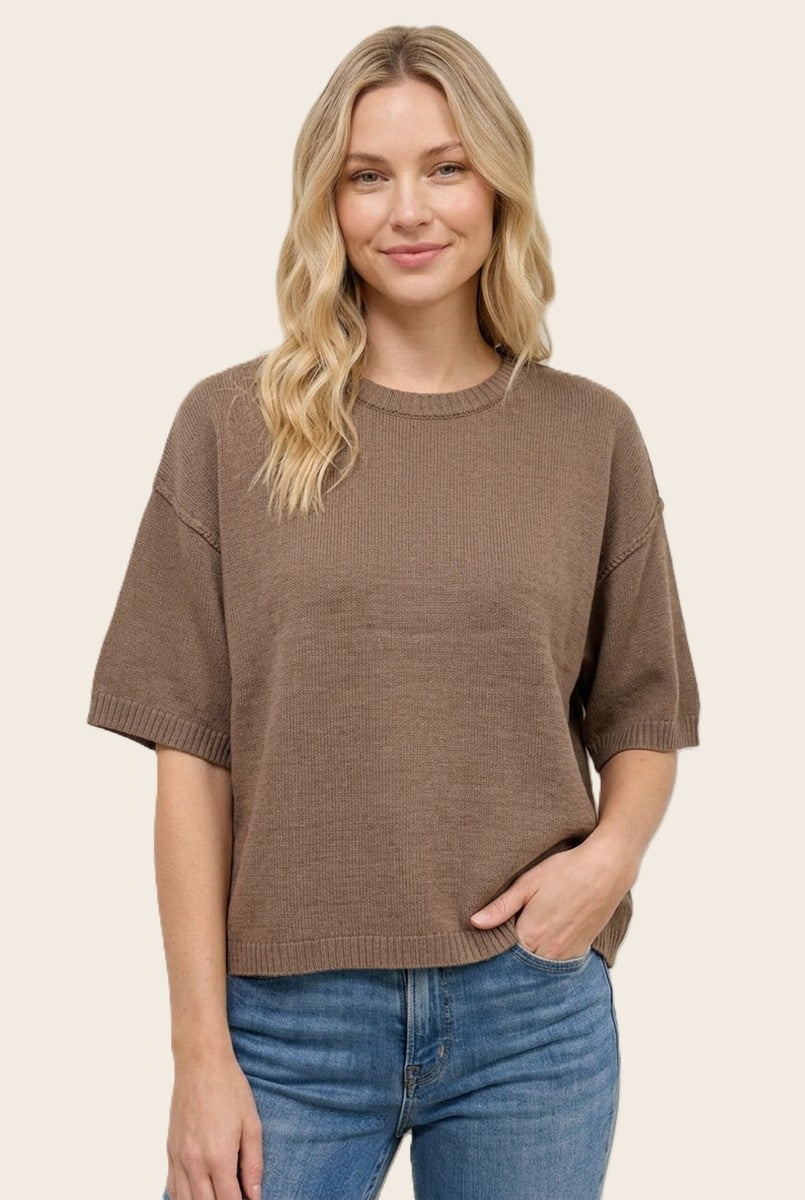 Mocha Basic Maternity Short Sleeve Sweater Top