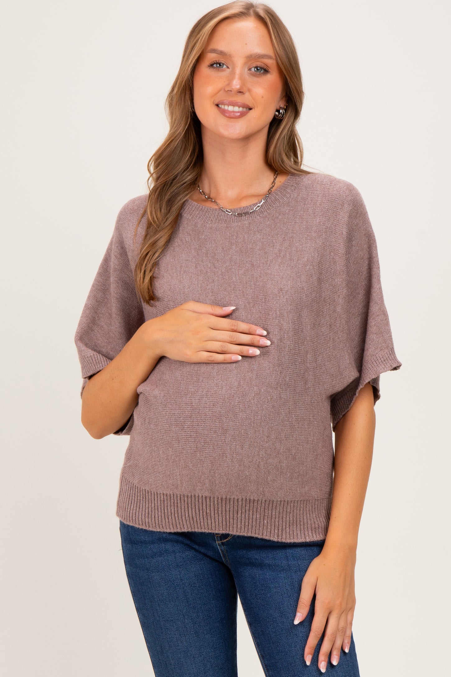 Lt Mocha Oversized Maternity Short Sleeve Sweater Top