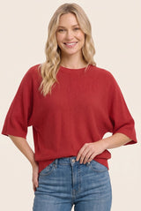 Red Oversized Short Sleeve Sweater Top