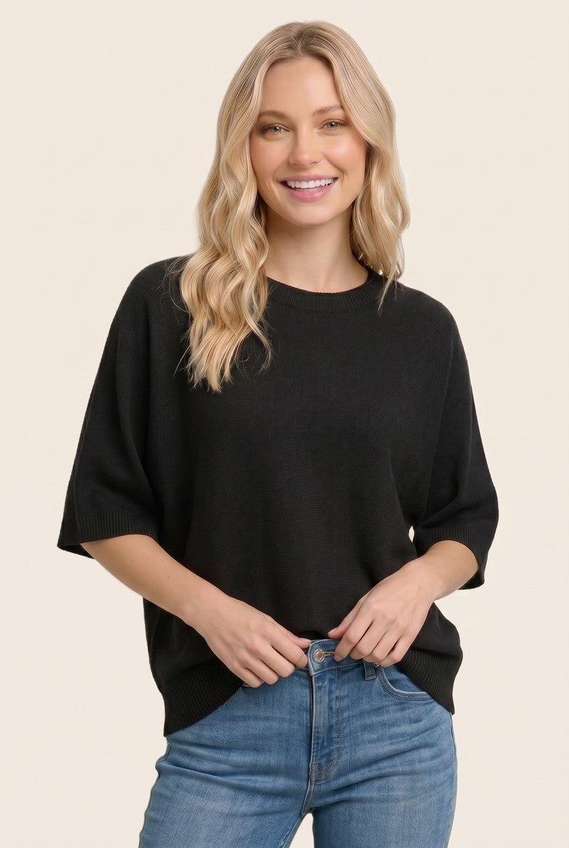 Black Oversized Short Sleeve Sweater Top