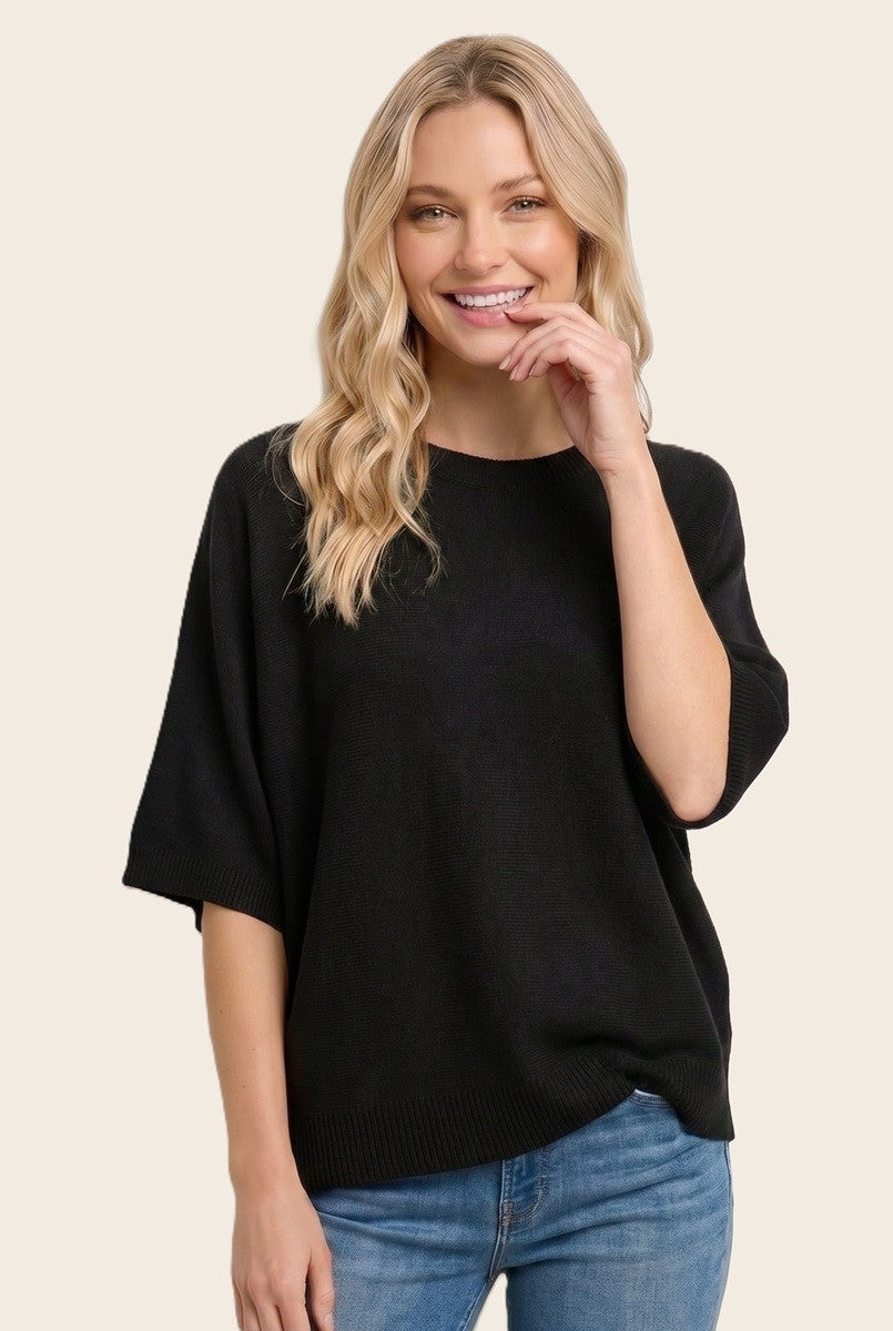 Black Oversized Short Sleeve Sweater Top