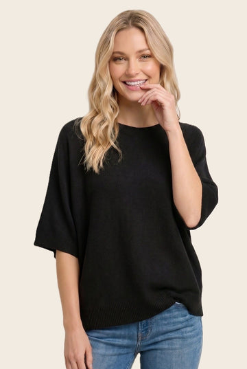 Black Oversized Short Sleeve Sweater Top