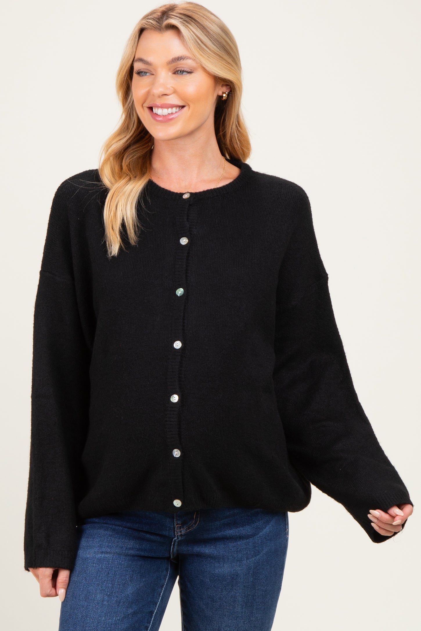 Black Classic Crew Neck Maternity Button Cardigan