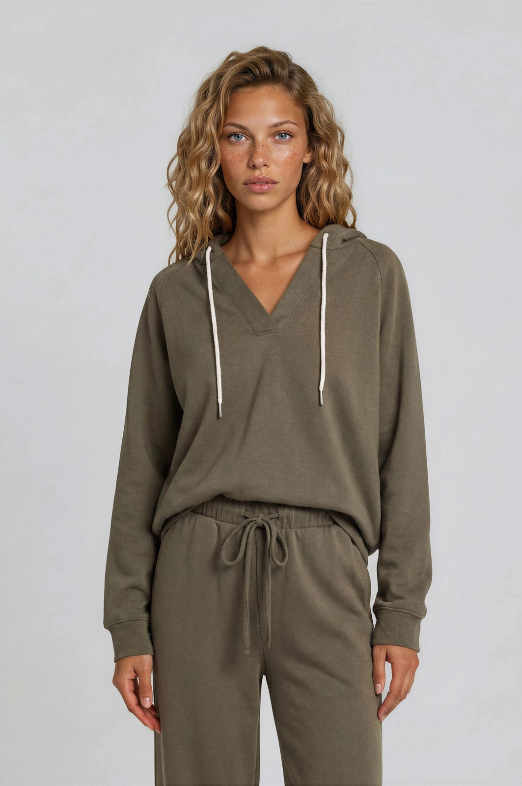 Olive V-Neck Long Sleeve Drawstring Maternity Hoodie