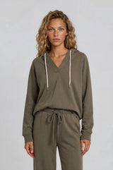 Olive V-Neck Long Sleeve Drawstring Maternity Hoodie