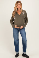 Olive V-Neck Long Sleeve Drawstring Maternity Hoodie