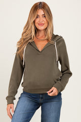 Olive V-Neck Long Sleeve Drawstring Maternity Hoodie