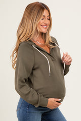 Olive V-Neck Long Sleeve Drawstring Maternity Hoodie