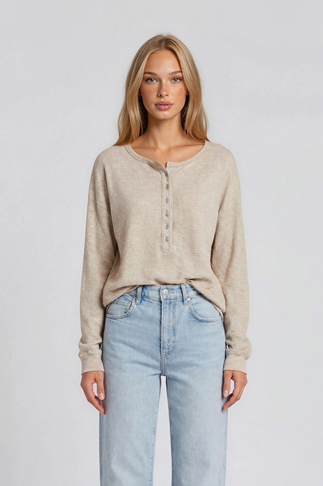 Oatmeal Waffle Knit Oversized Henley Top