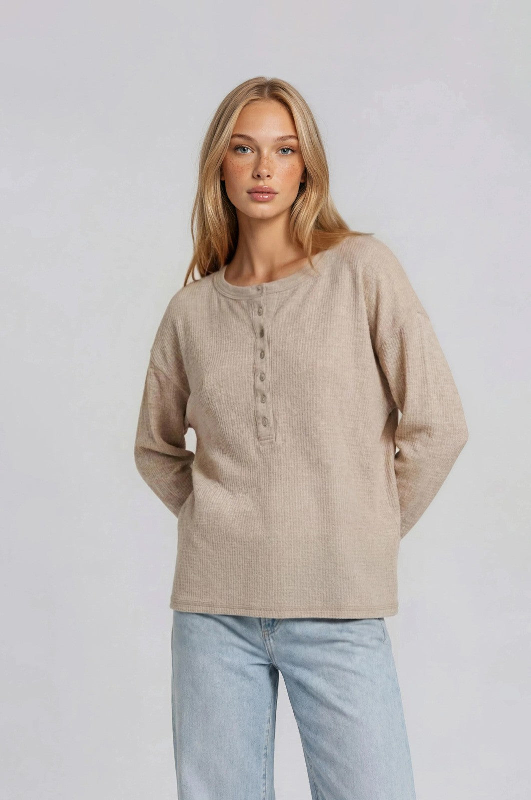 Oatmeal Waffle Knit Oversized Henley Top