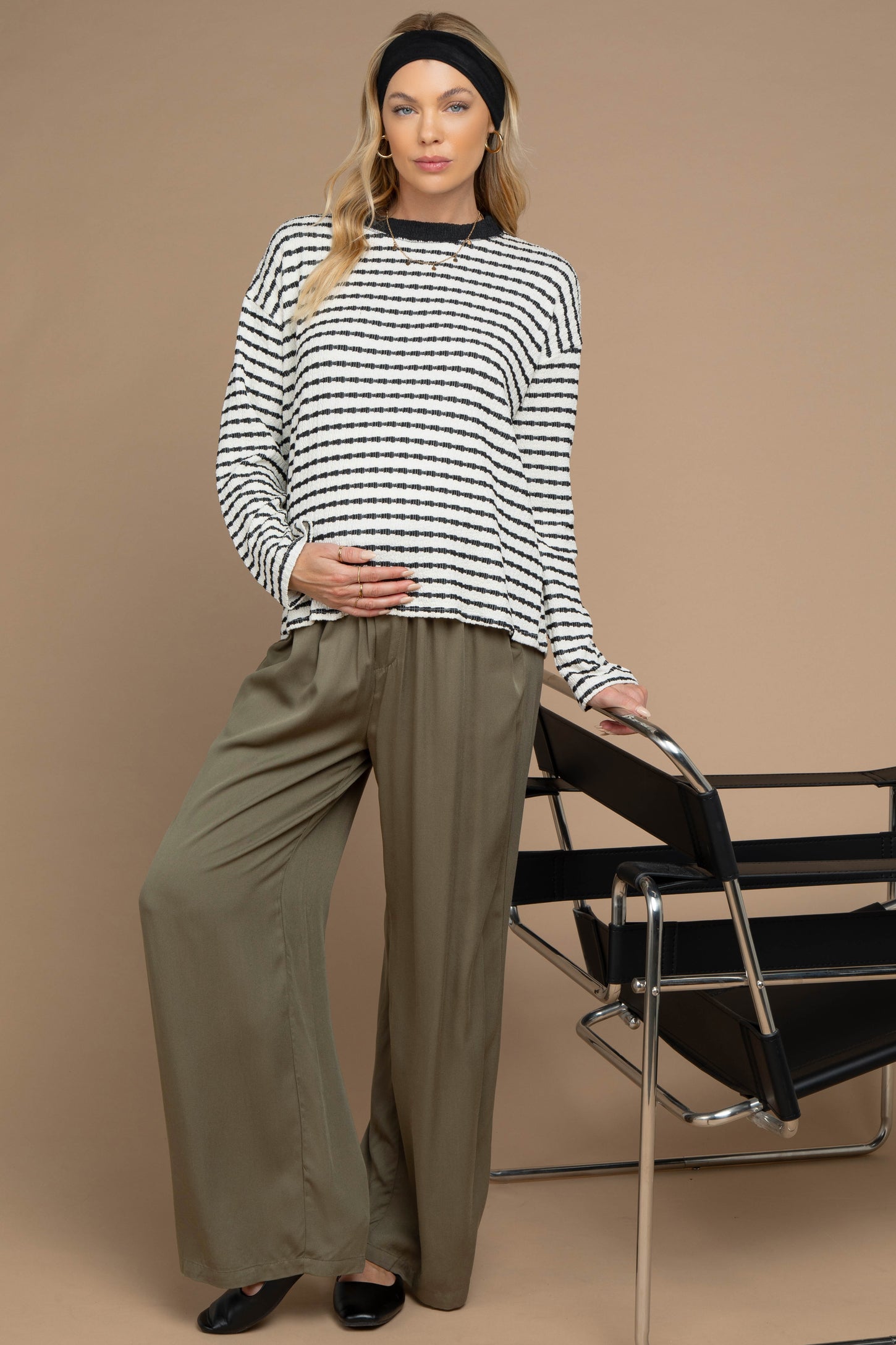 White Striped Knit Maternity Long Sleeve Top
