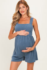 Denim Ribbed Smocked Bodice Maternity Romper