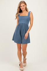 Denim Ribbed Smocked Bodice Maternity Romper