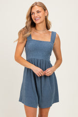 Denim Ribbed Smocked Bodice Romper
