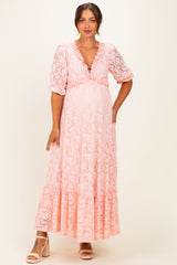 Light Pink Floral Lace V-Neck Maternity Maxi Dress